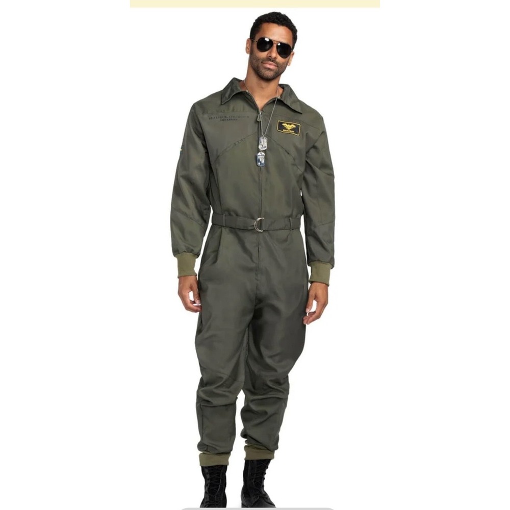 Tipsy Elves Mens Flight Suit Jumpsuit Olive‎ Green Pilot Costume USA Patches M